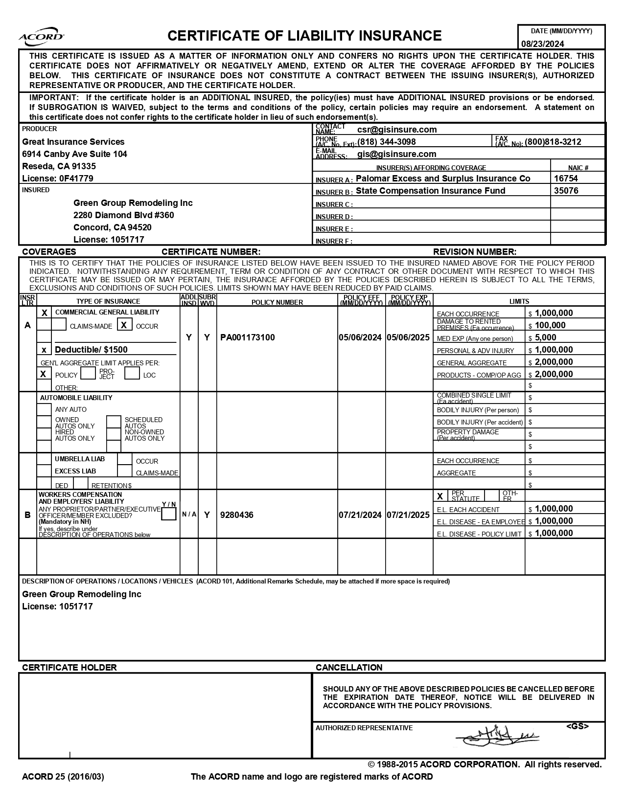 Green Group Remodeling – Updated Blank CERTIFICATE OF INSURANCE (S) 8-23-2024_page-0001 Green Group Remodeling - Updated Blank CERTIFICATE OF INSURANCE (S) 8-23-2024_page-0001
